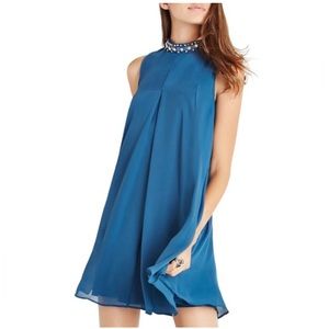 Teal Blue Sleeveless Gem Jeweled Neckline Swing Dress Formal Glam Balletcore